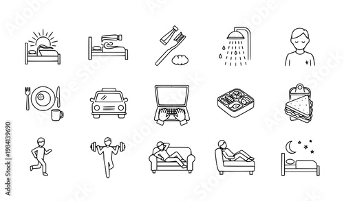 Morning to Night Personal Daily Routine Line Icon Set with Sleep, Hygiene, Commute, Work, Exercise, and Rest Scenes