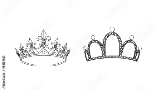 Royal Crown Vector Set with Elegant Tiara and King Crown Designs in Detailed Outline Style for Luxury Branding, Heraldry and Decorative Projects
