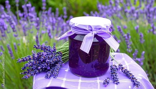 Lavender jam in a garden setting.
