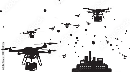 Industrial Crane Truck, Heavy Duty Construction Equipment, Black Silhouette Vector, Cargo Transport Illustration