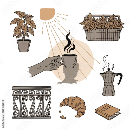 Morning coffee on balcony vector illustration set including croissant with plants and book plus moka pot and decorative hand rails for relaxing garden cafe concept.