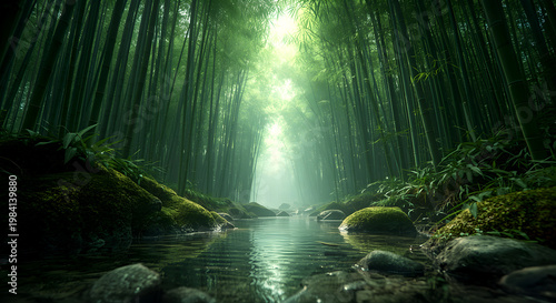 Peaceful bamboo forest with flowing stream and soft sunlight, serene green nature landscape, calm and relaxing atmosphere, ideal for meditation background, spa design, wellness concept and natural env