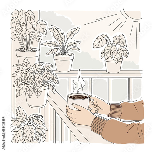 Hands holding coffee cup on cozy plant filled balcony at morning with sunny sky and terrace garden view for relaxing urban lifestyle home environment illustration.
