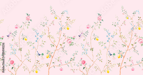 Seamless Chinoiserie Floral Pattern Birds Lemon Tree Vintage Botanical Wallpaper Luxury Design