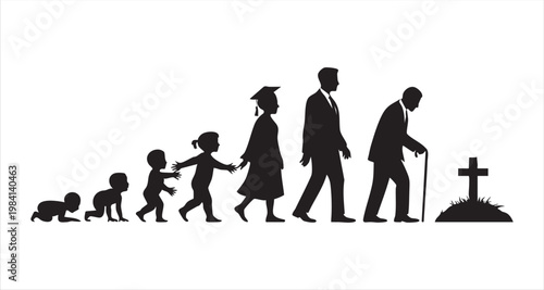 Life cycle silhouette from baby to senior adult walking towards grave with cross symbol on white
