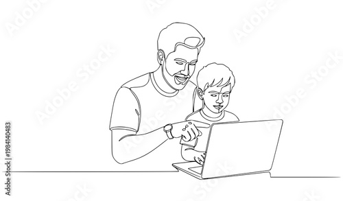 Continuous line father and son using laptop for homeschooling education minimal family vector illustration