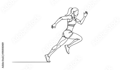 One line drawing of female runner sprinting side view elegant fitness motion outline vector illustration