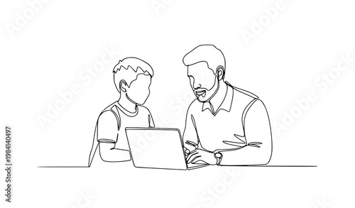 Continuous line father and son online learning with laptop minimal homeschooling family vector illustration
