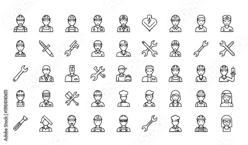 Worker outline icon set with professions tools and job roles linear editable stroke vector collection