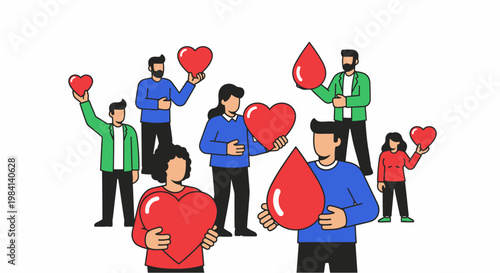 Flat design illustration of a diverse community in a vital blood donation drive, symbolizing compassion, unity, and public health with hearts and blood drops