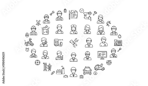 Modern circular worker line icons with professions tools and occupation symbols editable stroke vector set