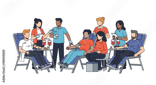 Diverse individuals actively participate in a blood donation drive, highlighting community spirit, altruism, and the vital act of saving lives through healthcare support