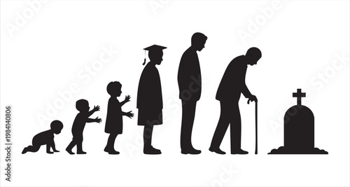 Chronological human aging silhouette showing development from infant to old age with grave marker