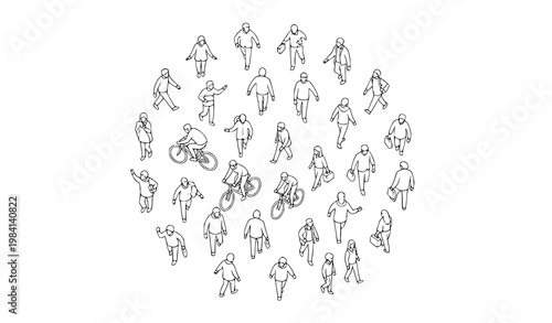 Modern circular CAD people top view icons with walking running cycling and urban activity figures vector set