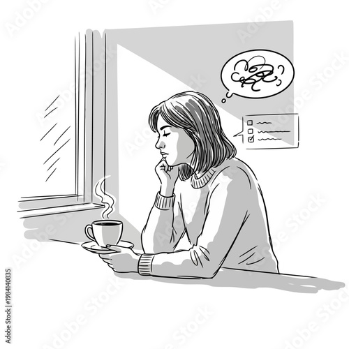 Young woman sitting by window with coffee cup and thinking, contemplating and feeling confused, illustration with thought bubble and checklist.