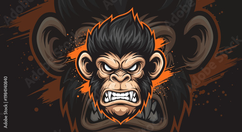 Illustration of a cartoon gorilla head with an aggressive expression and orange accents on a black background.