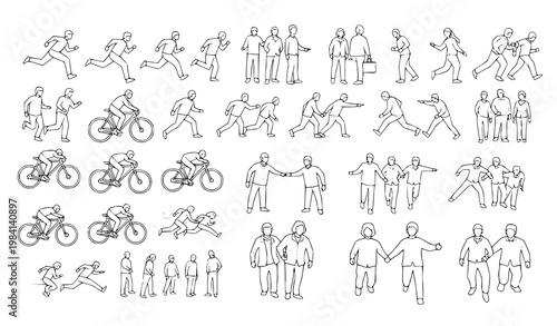 Geometric CAD people top view outline collection with walking running cycling figures for urban planning vector