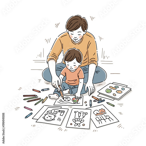 Father and son happily drawing and coloring pictures together on floor with crayons and art supplies creative activity.
