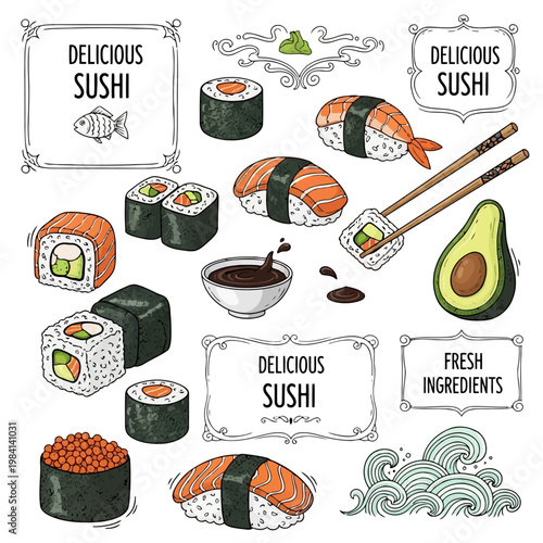 Delicious fresh sushi and sashimi assortment with avocado chopsticks soy sauce wasabi and ocean waves illustration.
