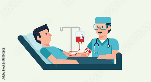 Illustration of a medical professional performing a blood transfusion on a patient lying in a hospital bed