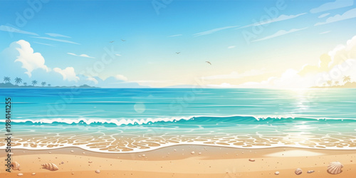 Sunny Tropical Beach Landscape with Ocean Waves, Clear Blue Water, Sandy Shore and Sky, Summer Seaside Background for Travel, Vacation and Relaxation Vector Illustration