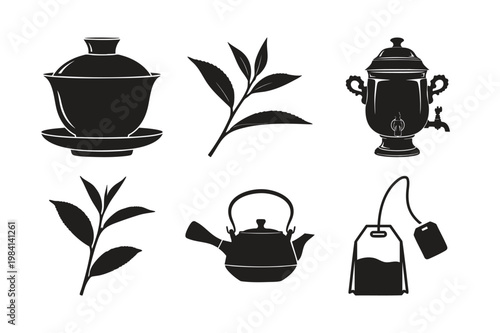 Silhouette set bundle of tea elements for beverages and cooking.