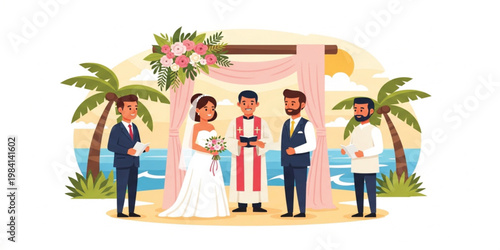 Beach Wedding Ceremony with Bride and Groom, Priest and Guests Under Floral Arch, Tropical Marriage Celebration by the Sea Vector Illustration