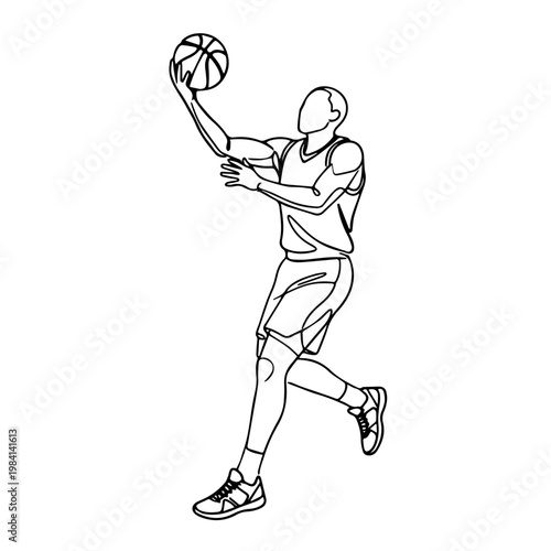 Continuous Line Drawing of a Basketball Player Making a Layup