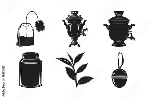 Silhouette set bundle of tea and samovar objects for beverage.