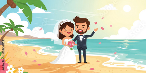 Beach Wedding Illustration with Bride and Groom Holding Bouquet, Romantic Marriage Ceremony by the Sea with Tropical Landscape and Love Celebration Concept