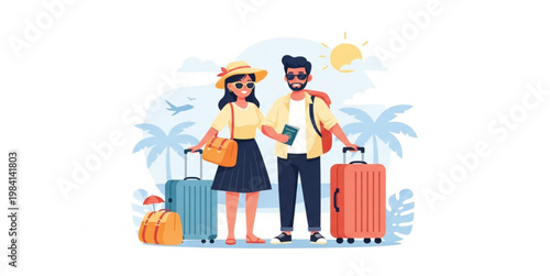 Couple Traveling on Vacation with Luggage and Passport, Summer Holiday Tourism Concept with Beach, Palm Trees and Airplane Background Vector Illustration
