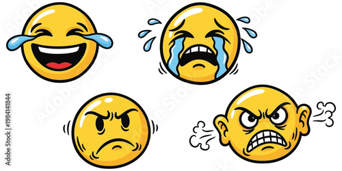 Four cartoon emoticons expressing diverse emotions joy sadness anger and rage