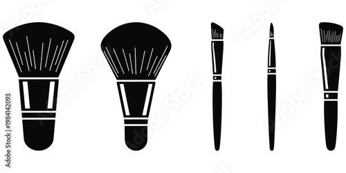 Black and white illustration of five makeup brushes in a row