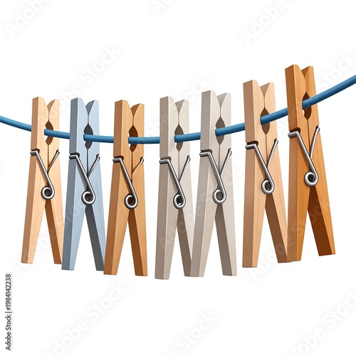 Wooden and metallic clips on a blue rope against a white background