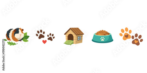 Cute Pet Care and Guinea Pig Icon Set Illustration