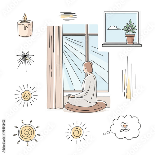 Person meditating peacefully by window with sun rays illuminating room, enjoying calm moment indoors with plants and candle.