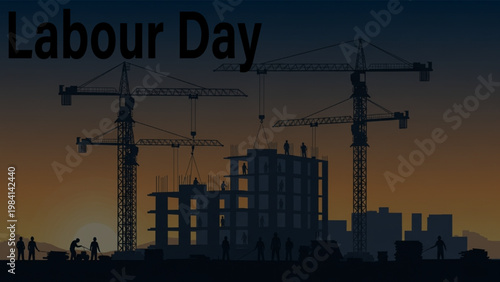Labour Day construction site silhouette with industrial cranes. Building development at sunset. International Workers Day vector illustration.