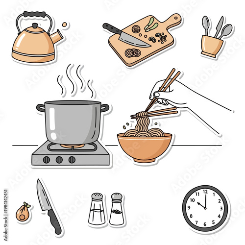 Kitchen cooking scene with kettle pot stove noodles bowl chopsticks knife salt pepper and clock showing lunchtime.
