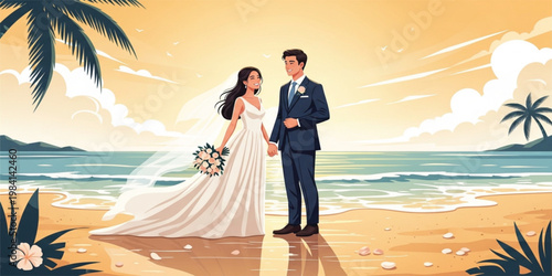 Elegant Beach Wedding Scene with Bride and Groom Holding Hands by the Ocean, Romantic Sunset Ceremony with Tropical Landscape and Love Celebration Vector Illustration