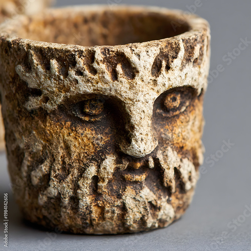 Intricately carved wooden planter with wise old man face and glowing eyes in studio lighting