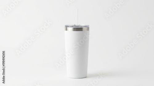 White insulated tumbler with straw on clean background