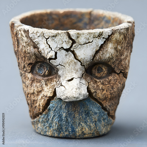 Intricately carved wooden planter with wise old man face and glowing eyes in studio lighting