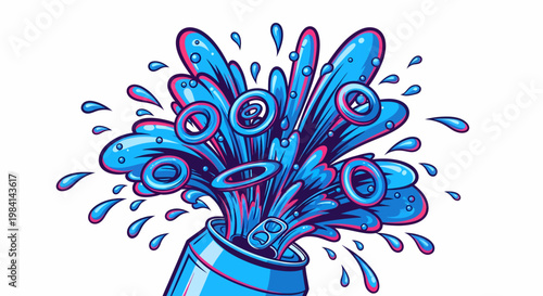 Vibrant blue and pink liquid explosion bursting from a soda can, with dynamic splashes and circular elements, a stylized graphic illustration.