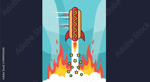 Whimsical illustration of a hot dog shaped rocket launching into the sky with flames, smoke, and stars.