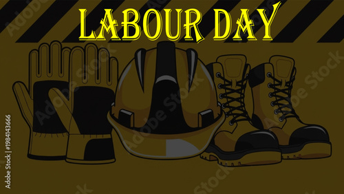 Labour Day industrial banner with safety equipment, yellow hard hat and work boots vector, construction worker gear on dark background