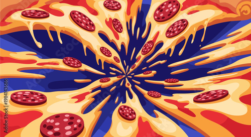 Vibrant abstract illustration of pepperoni pizza ingredients exploding into a swirling vortex of cheese and sauce.