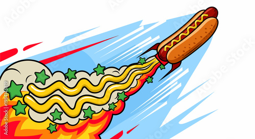 A whimsical cartoon illustration of a hot dog shaped like a rocket, soaring through the sky with a trail of mustard and green stars.