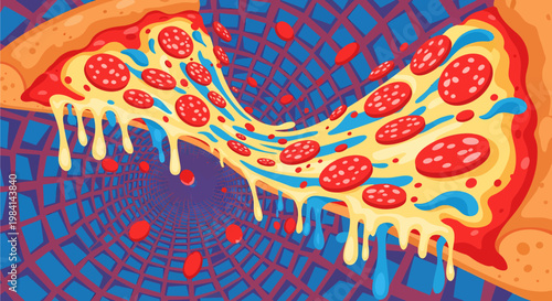 Psychedelic warped pepperoni pizza slice with melting cheese in a vibrant geometric tunnel.