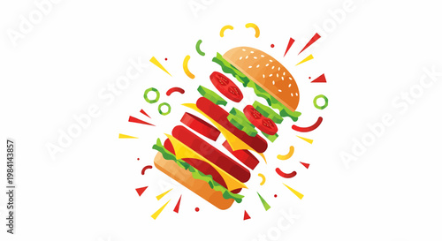 Dynamic deconstructed burger with ingredients floating in air, surrounded by colorful abstract shapes and lines on a white background.