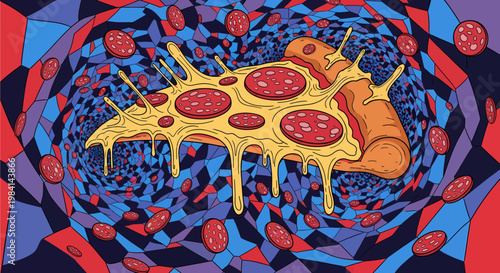 Vibrant illustration of melting pepperoni pizza slice.